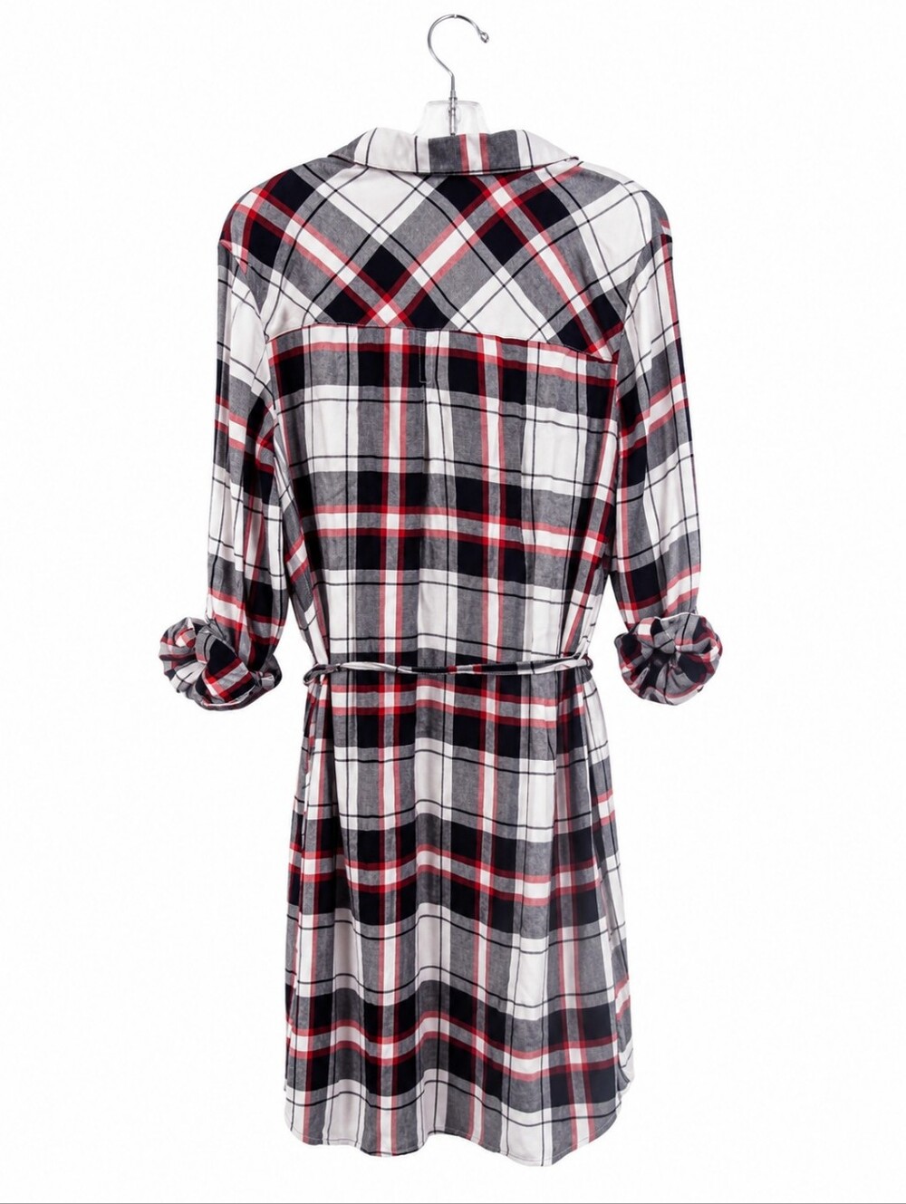 Bll nyc Plaid Button-Front Long Sleeve Shirt Dress in Navy, Red, White. - Picture 4 of 6